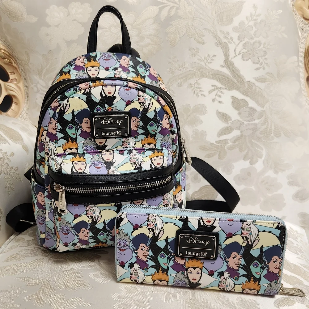 Loungefly Disney Villians maleficient  Cruella AOP Mini Backpack + Wallet
